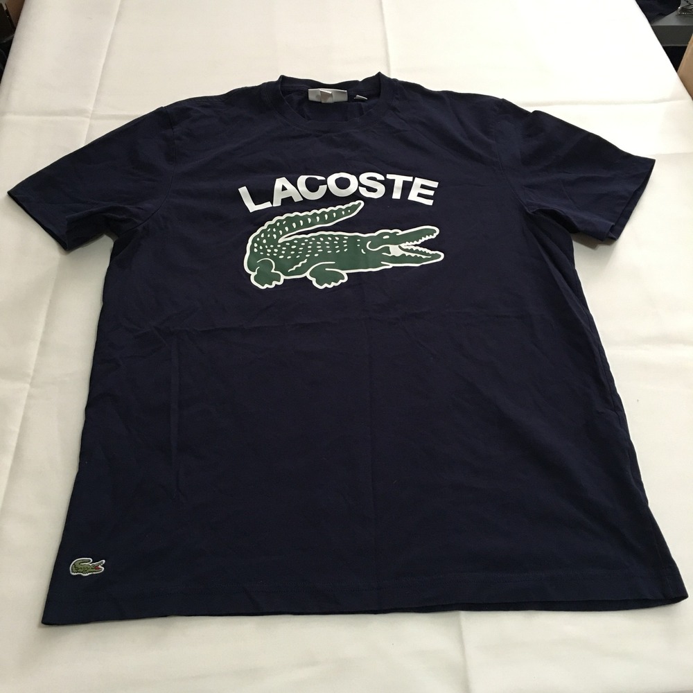 Lacoste T-Shirt Mens Large Navy Blue Short Sleeve Big Logo Regular Fit